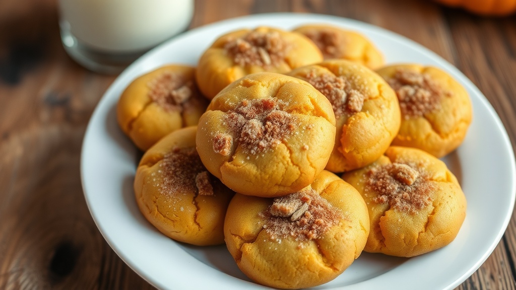 Soft Pumpkin Cookies with Cinnamon Sugar Topping Soft pumpkin cookies with cinnamon sugar topping on a rustic plate next to a glass of milk.